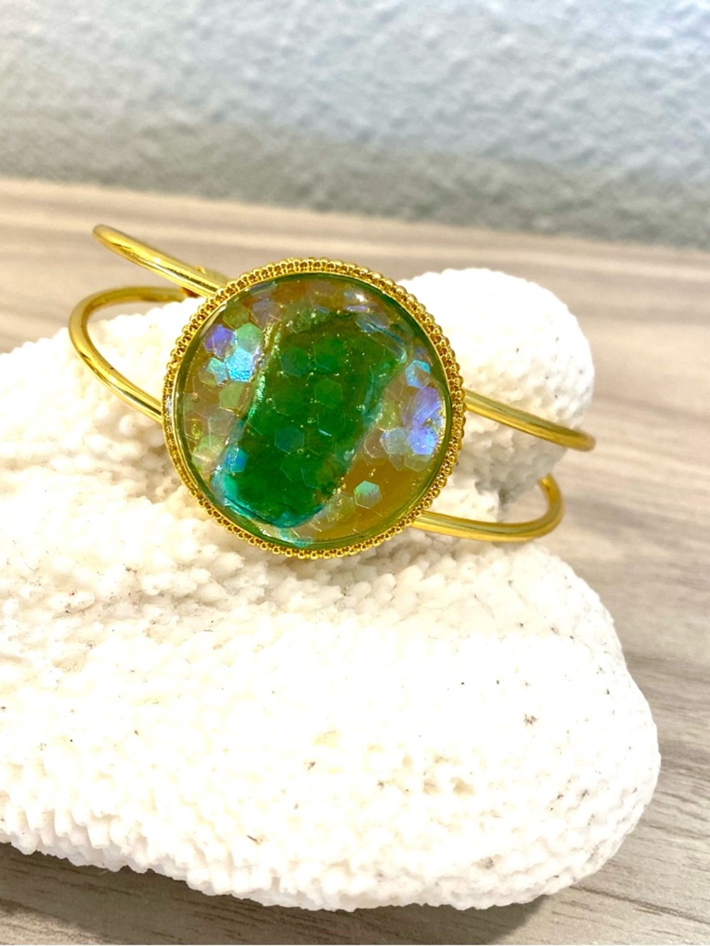 14. Gold Bracelet with Turquoise sea glass and Iridescent glitter